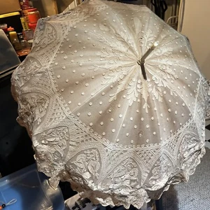 Antique/Vintage Victorian Style Cotton Lace Parasol Champagne Umbrella - Picture 1 of 18