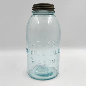 Vtg w/Errors Atlas Strong Shoulder Mason Jar Quart w/Zinc & Milk Glass Lid - Picture 1 of 7