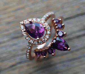 2.24Ct Pear Cut Lab-created Amethyst Halo Bridal Wedding Ring 925Sterling Silver - Picture 1 of 4
