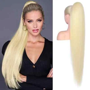 Clip In Drawstring Ponytail Human Hair #613 Blonde Straight Extensions Remy Hair - Picture 1 of 7