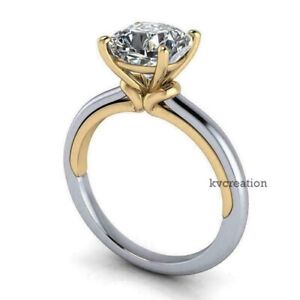 7.5 mm VVS1 Round Cut White Moissanite Engagement Ring Two Tone Gold Over..   