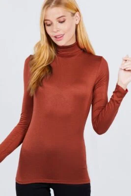 Camisa ajustada clásica elástica suave manga larga rayón cuello tortuga falso para mujer Foto 1 de 4