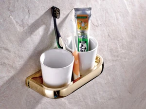 Gold Color Brass Wall Mounted Two Ceramic Cups Toothbrush Holder 2ba846 - Picture 1 of 7