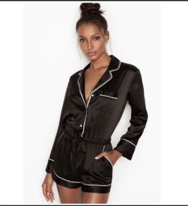 Victoria's Secret Very Sexy Black Satin Sleep Embellished Romper NWT Size Large - Picture 1 of 8