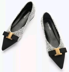 C. Paravano Pointed Toe Embell Leather Flats /Women’s EU 40 US 9.5 NWB Blk/White - Picture 1 of 6