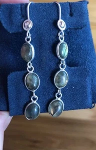 Green Labradorite Sterling Silver Concho Wire Earrings 2.25" Artisan Southwest - Picture 1 of 3