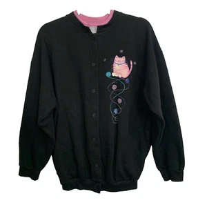 Morning Sun Woman's Black Button Up Long Sleeve Pockets Kitten Sweatshirt LARGE - Picture 1 of 10