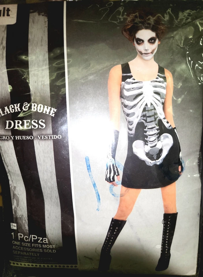 Vestido fantasia Halloween preto e osso mulher adulto tamanho único serve para a maioria dos esqueletos - Imagem 1 de 1