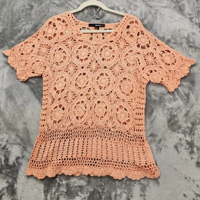 Top de mezclilla para mujer 24/7 S/12 naranja crochet tejido abierto cuello en V manga corta pulóver Foto 1 de 4