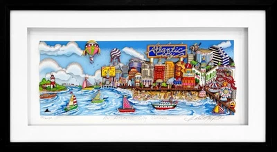 Charles Fazzino "An Atlantic City Summer" | Firmado 3D Mixed Media 17x32" Enmarcado Foto 1 de 3