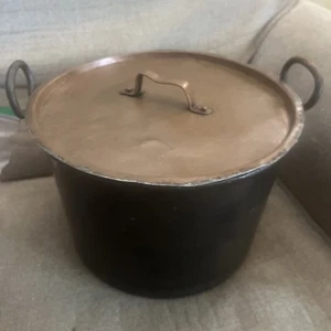 ANTIQUE COPPER 12.5” TALL SOLID COPPER STOCK POT LIDDED 11” DIAMETER 1900s - Picture 1 of 15