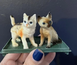 Vintage Paar Katzen Kätzchen Hartplastik Figuren Teppich Rasen Made Hong Kong Figuren - Bild 1 von 9