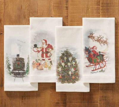Pottery barn Christmas party napkin gift holiday Santa snowman tree SET 4 , - Image 1 of 4