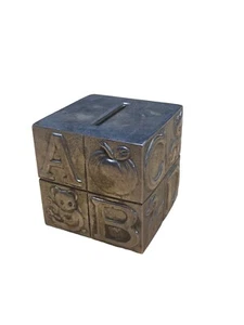 VINTAGE 2” HIGH METAL ALPHABET CAT DUCK HORSE GIRAFFE COIN BLOCK BANK - Picture 1 of 4