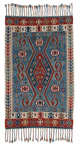 RRA 4x5 Turkish Kilim Medallion Ram-Horn Blue Red Rug 034566 - Bild 1 von 5
