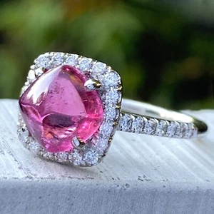 Platinum & Diamond Halo Ring - SZ 5.5 - w 2.25ct Pink Tourmaline Sugarloaf 5.2g - Picture 1 of 19