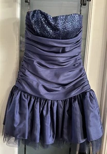 Betsey Johnson Evening Dress Navy 4 Sequin Strapless Rauched Sides Ruffled Tulle - Picture 1 of 5
