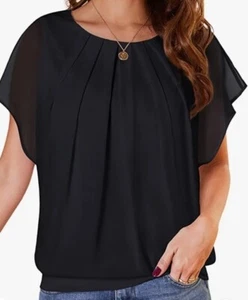 WANGZHI Women Casual Flouncing Short Sleeve Pleated Front Loose Chiffon top cp - Picture 1 of 7