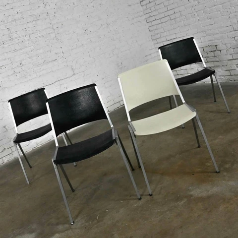 Vintage Aluminum Steelcase Stacking Chairs Model #1278 1 White 3 Black Set of 4 Cover