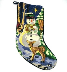 Needlepoint Christmas Stocking Snowman & Deer Blue Velvet Cross Stitch - Picture 1 of 12