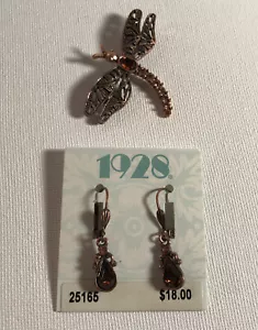 1928 Vintage Dangle Pierced Copper Earrings & Dragonfly Pin Amber Stones - Picture 1 of 7