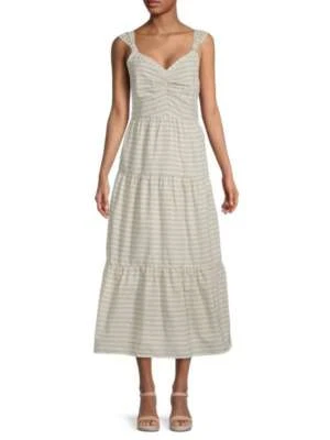 Vestido Midi ECRU NUEVO CON ETIQUETAS $280 Espejo Rayas Guinga Reunido Frontal En Niveles Salvia XS Foto 1 de 4