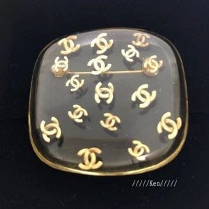 CHANEL Brooch Pin AUTH Coco CC Gold Logo Clear square Vintage Rare ken Gift F/S - Picture 1 of 11