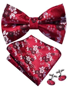 Red White Bow Tie and Pocket Square Set for Men Floral Pre-Tied Bowties Cuffl... - Picture 1 of 6