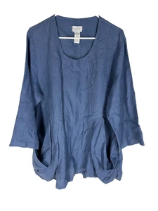 Mosaic 100% Linen Tunic Size XL Made In USA Lagenlook Extra Large Blue Pockets - Picture 1 of 5