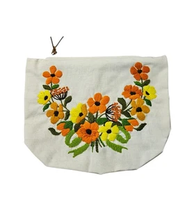 Vtg Retro Embroidered Floral Pouch Bag Boho Linen Clutch Handmade - Picture 1 of 6
