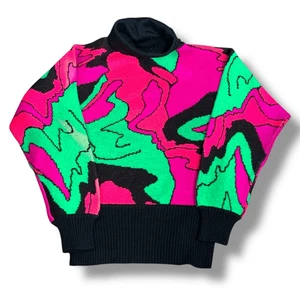 Suéter de esquí vintage años 80 neón fucsia rosa verde negro abstracto cuello alto pequeño - Imagen 1 de 10
