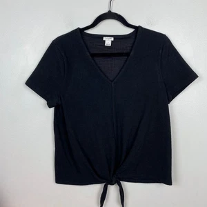 J. Camiseta Crew Factory Texturizada Corbata Frontal Negra Cuello en V Minimalista Elegante Talla Mediana - Imagen 1 de 8