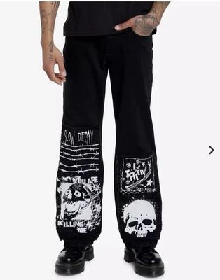 HOT TOPIC Pantalones de mezclilla negros para hombre 28x31 decadencia lenta calaveras patinador gótico punk pierna ancha Foto 1 de 4