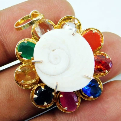 9 Planet Healing Gomti Chakra & Navratna Gemstone – Handmade Pendant Jewelry - Image 1 of 4