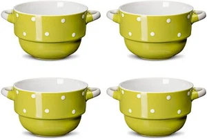 Soup Bowls with Handles - Ceramic - Polka Dot Green - 16 Ounce - Set of 4 - Picture 1 of 7
