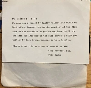 Snuffy Miller Stop Records Rare-W/ Typed Pete Drake Note Before I Lost You/Woman - Picture 1 of 4