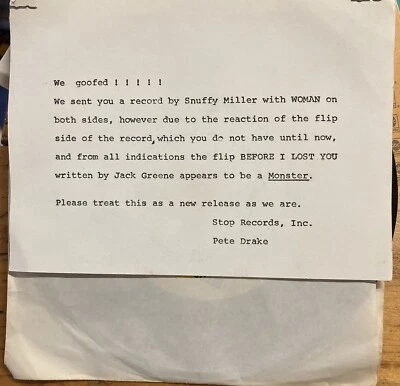 Snuffy Miller Stop Records Rare-W/ Typed Pete Drake Note Before I Lost You/Woman - Image 1 of 4