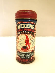 VINTAGE ROUND SPICE TIN ADVERTISING MEXENE CHILI POWDER SEASONING AUSTIN, TEXAS - Picture 1 of 7