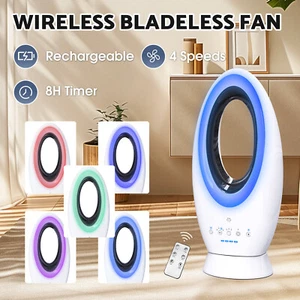 Bladeless Tower Desk Fan Timer 12000mAh Battery Powered w/ 5 Color LED Light - Picture 1 of 9