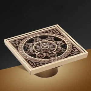 Antique Brass Carved Floor Drain Square Bathroom Wet room Shower Drain mhr024 - Picture 1 of 4