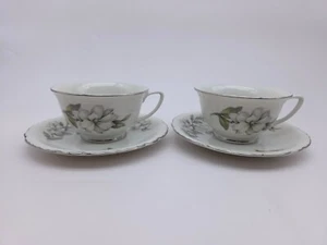 Vintage Set of 2 Embassy USA Vitrified China Dogwood Silver Trim Cup & Saucers - Picture 1 of 10