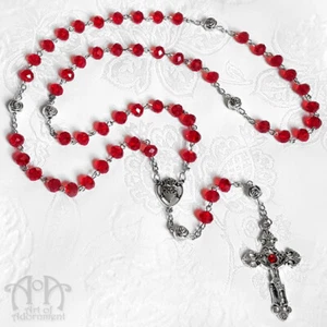 Gothic Silver RED GLASS ROSARY NECKLACE Beaded Sacred Heart Cross Rose Long - Picture 1 of 4