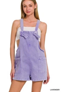 ZENANA LAVENDER WASHED KNOT STRAP ROMPER SHORTS OVERALLS JUMPER - Picture 1 of 3