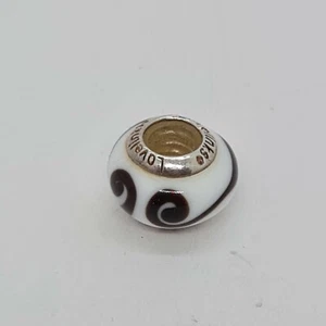 Lovelinks White Black Swirl Design Murano Glass Bead Charm 925 Sterling Silver - Picture 1 of 5