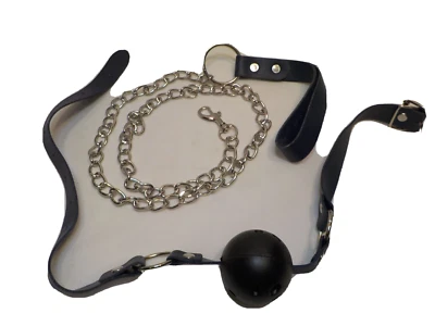 breathable Mouth Gag 3 foot Leash Chain Restraint Sexy Slave PU Leather Set - Image 1 of 2