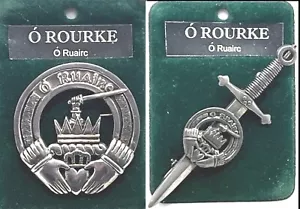 O' Rourke O' Ruairc Clan irlandese stemma peltro distintivo o spilla spada - Foto 1 di 3