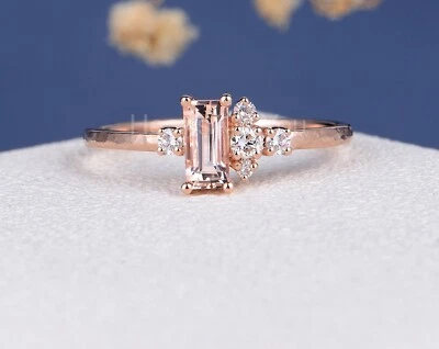 1ct Baguette Cut Natural Peach Morganite & Diamond 100% 14k SOLID Rose Gold Ring - Image 1 of 4