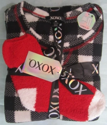 XOXO Conjunto de pijama de felpa estampada de 3 piezas a cuadros de corazón ropa de salón talla XL Foto 1 de 3