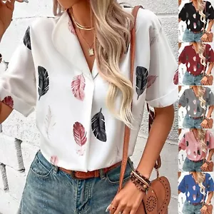 Women's Summer Casual V-Neck Feather Shirt Plus Size Short Sleeve Blouse Tops - Picture 1 of 42