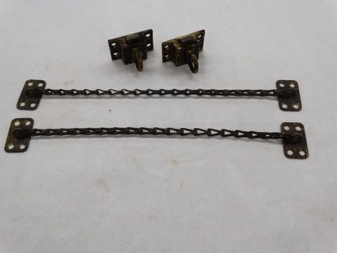 2 Vintage Brass Tilt-In Window Ring Catches with Hold Open Chains & Brackets Cover